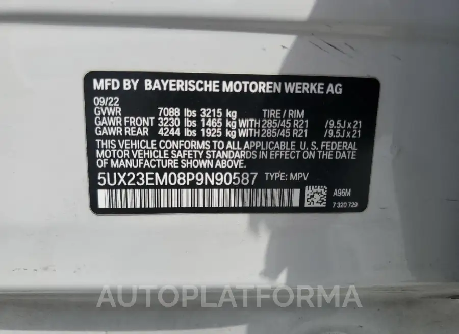 BMW X7 XDRIVE4 2023 vin 5UX23EM08P9N90587 from auto auction Copart