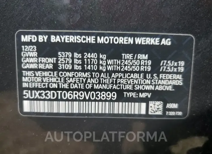 BMW X4 XDRIVE3 2024 vin 5UX33DT06R9V03899 from auto auction Copart