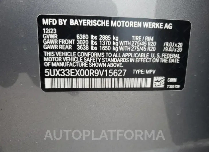 BMW X6 XDRIVE4 2024 vin 5UX33EX00R9V15627 from auto auction Copart