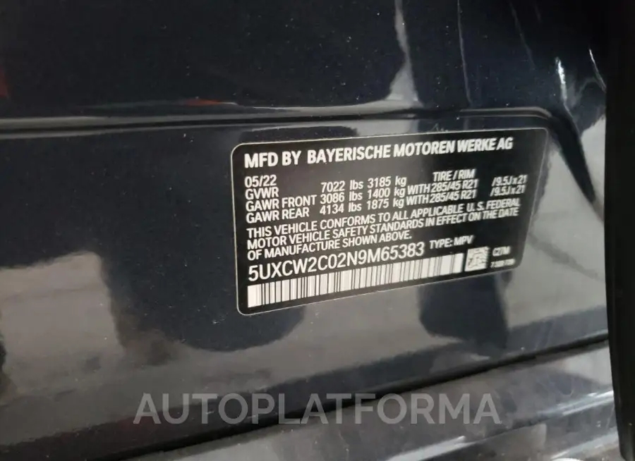 BMW X7 XDRIVE4 2022 vin 5UXCW2C02N9M65383 from auto auction Copart