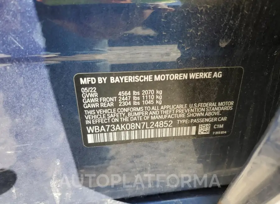 BMW 228XI 2022 vin WBA73AK08N7L24852 from auto auction Copart