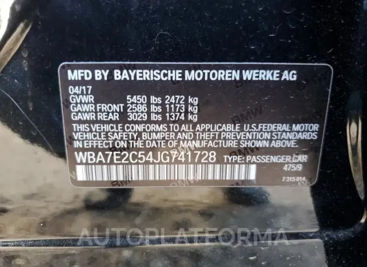 BMW 740 I 2018 vin WBA7E2C54JG741728 from auto auction Copart