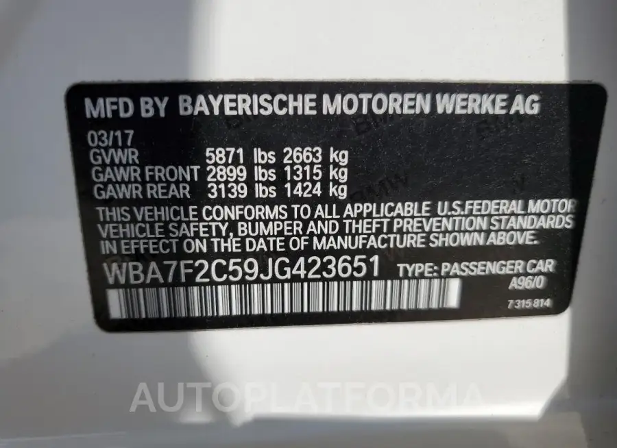 BMW 750 XI 2018 vin WBA7F2C59JG423651 from auto auction Copart