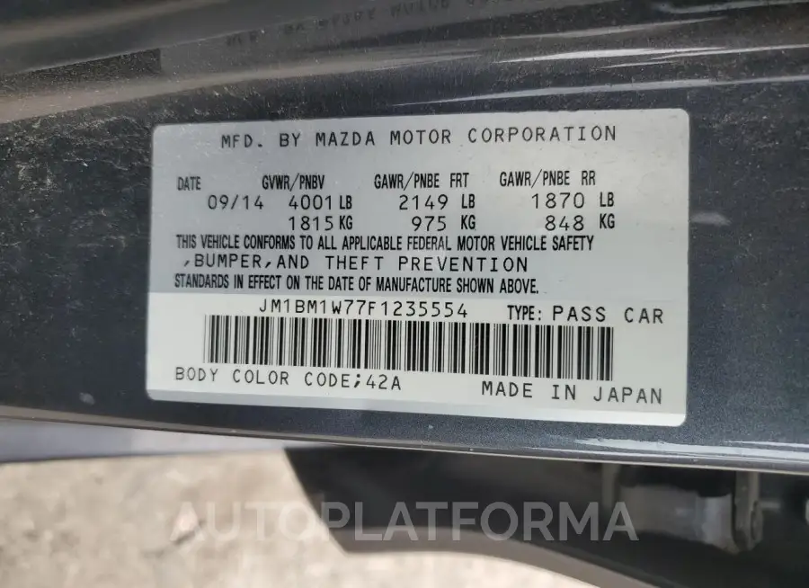 MAZDA 3 GRAND TO 2015 vin JM1BM1W77F1235554 from auto auction Copart