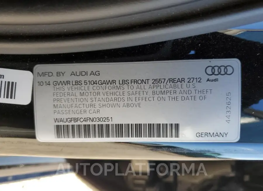 AUDI A6 PREMIUM 2015 vin WAUGFBFC4FN030251 from auto auction Copart