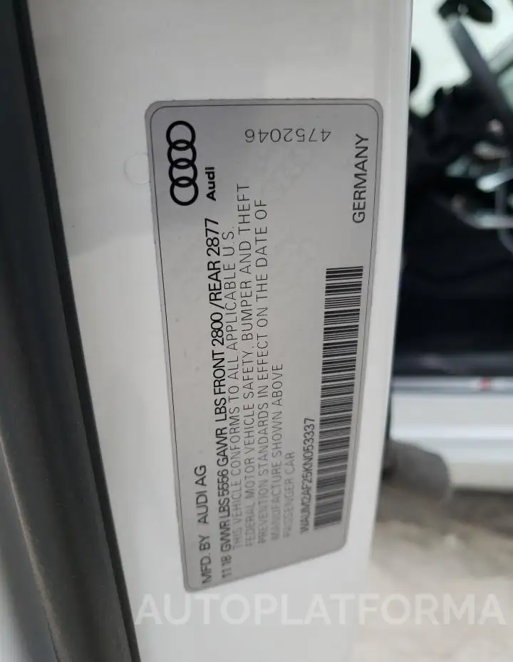 AUDI A6 PRESTIG 2019 vin WAUM2AF25KN053337 from auto auction Copart