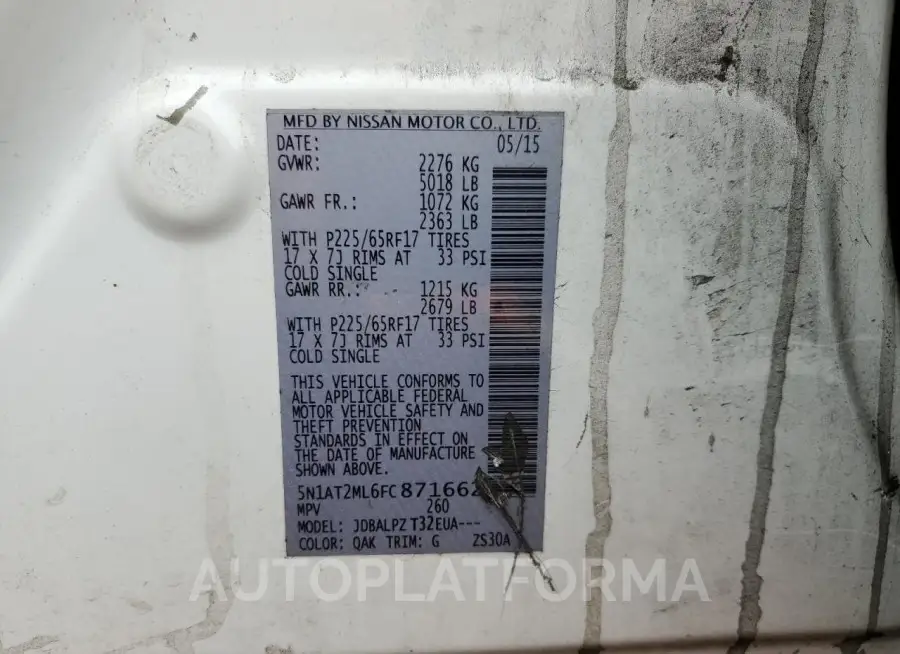 NISSAN ROGUE S 2015 vin 5N1AT2ML6FC871662 from auto auction Copart