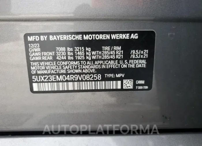 BMW X7 XDRIVE4 2024 vin 5UX23EM04R9V08258 from auto auction Copart