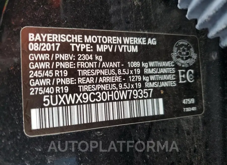 BMW X3 XDRIVE2 2017 vin 5UXWX9C30H0W79357 from auto auction Copart