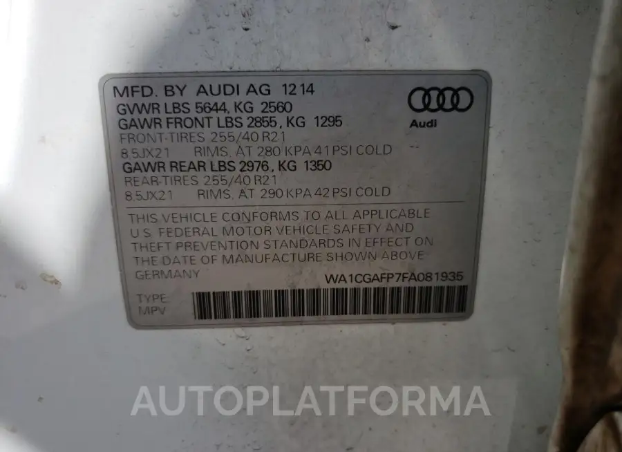 AUDI SQ5 PREMIU 2015 vin WA1CGAFP7FA081935 from auto auction Copart