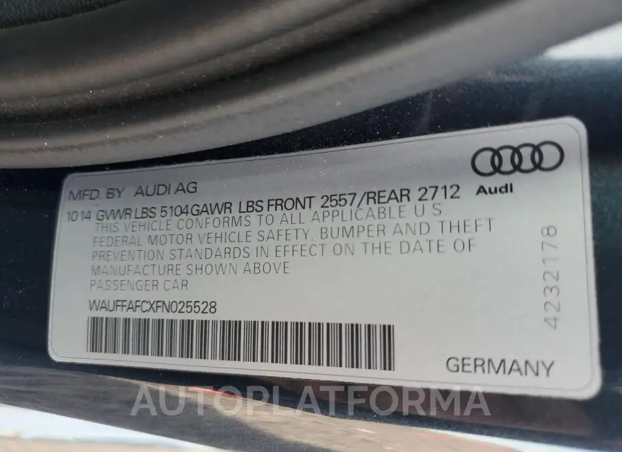 AUDI A6 PREMIUM 2015 vin WAUFFAFCXFN025528 from auto auction Copart