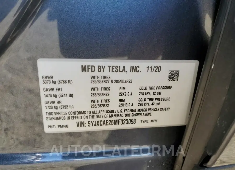 TESLA MODEL X 2021 vin 5YJXCAE25MF323098 from auto auction Copart