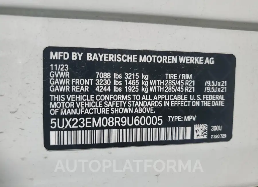 BMW X7 XDRIVE4 2024 vin 5UX23EM08R9U60005 from auto auction Copart