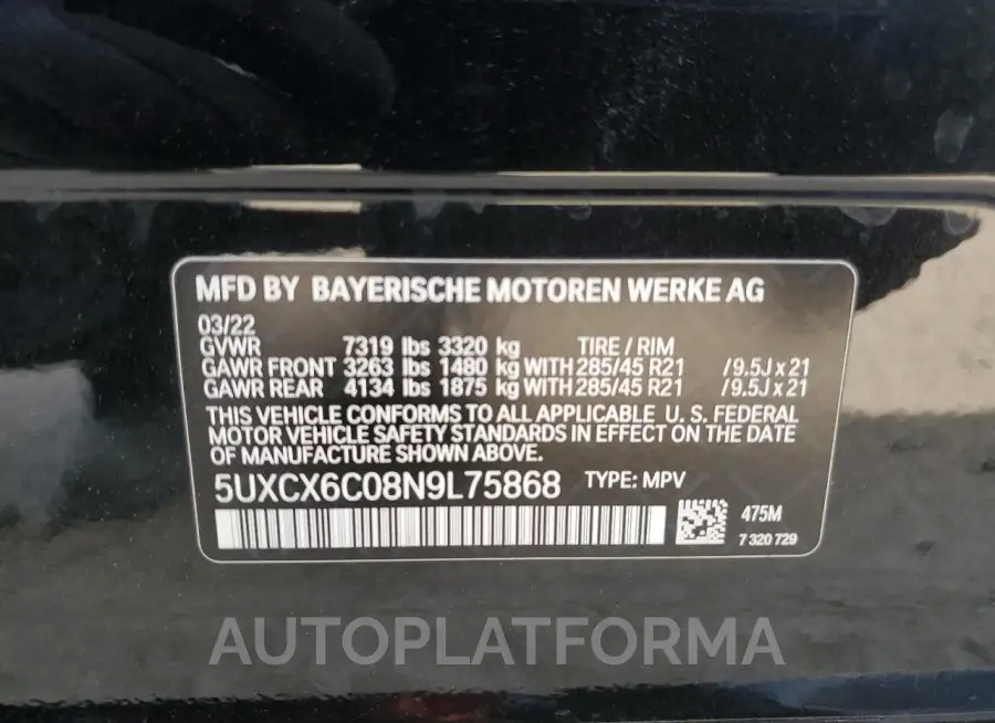 BMW X7 M50I 2022 vin 5UXCX6C08N9L75868 from auto auction Copart