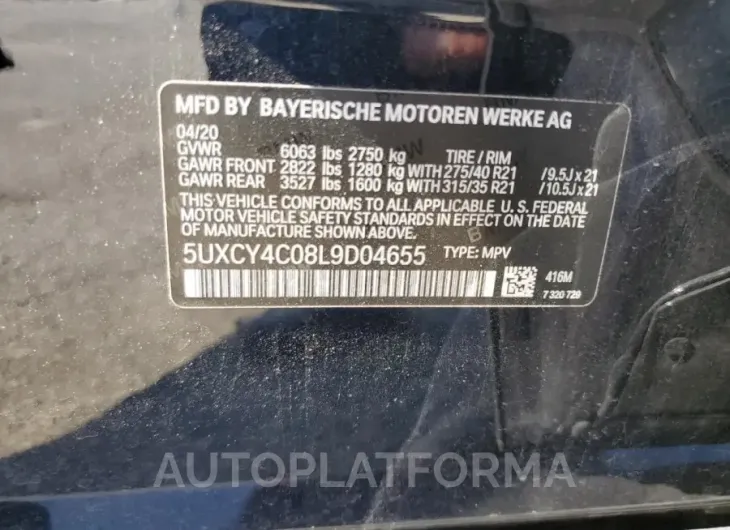 BMW X6 SDRIVE 2020 vin 5UXCY4C08L9D04655 from auto auction Copart