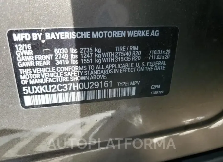 BMW X6 XDRIVE3 2017 vin 5UXKU2C37H0U29161 from auto auction Copart