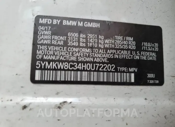 BMW X6 M 2017 vin 5YMKW8C34H0U72202 from auto auction Copart