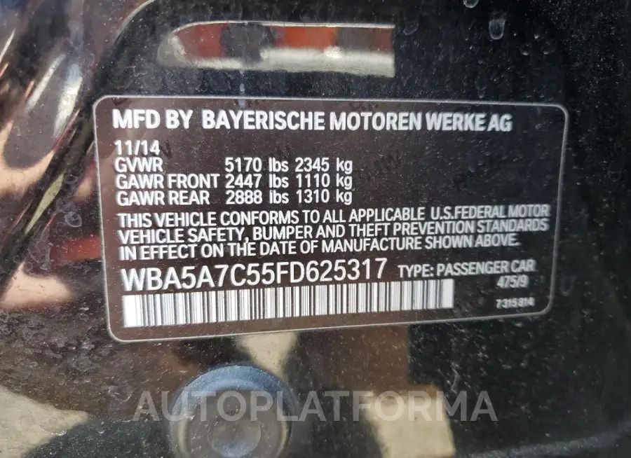 BMW 528 XI 2015 vin WBA5A7C55FD625317 from auto auction Copart