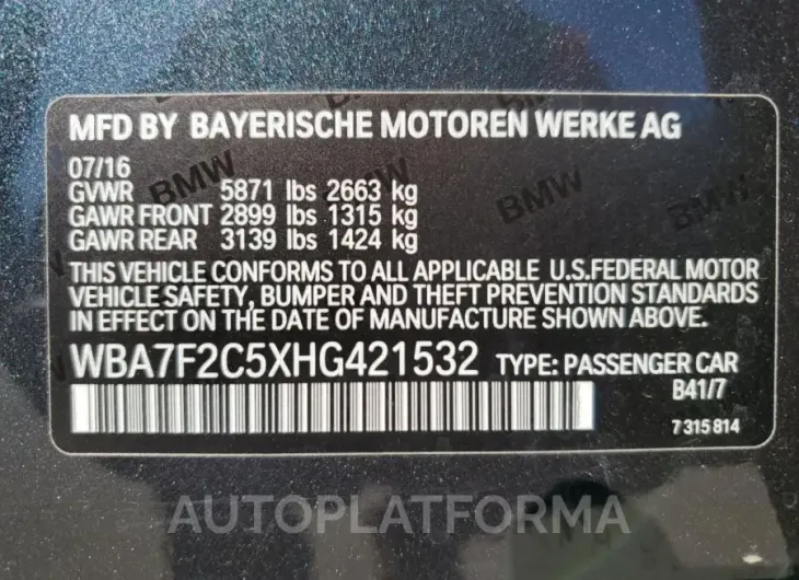 BMW 750 XI 2017 vin WBA7F2C5XHG421532 from auto auction Copart