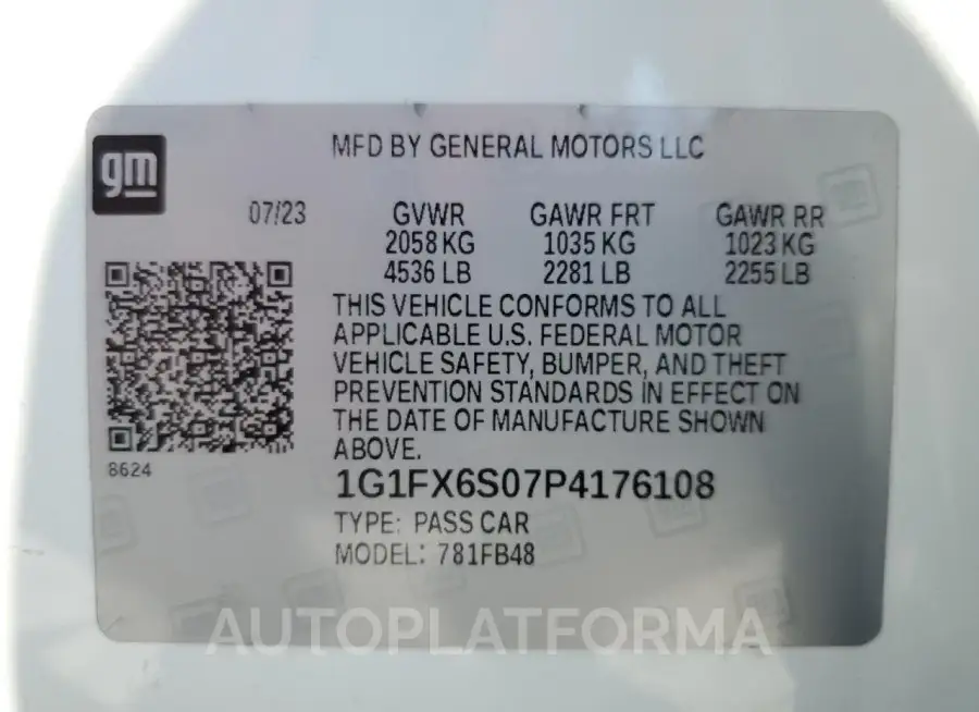 CHEVROLET BOLT EV 2L 2023 vin 1G1FX6S07P4176108 from auto auction Copart