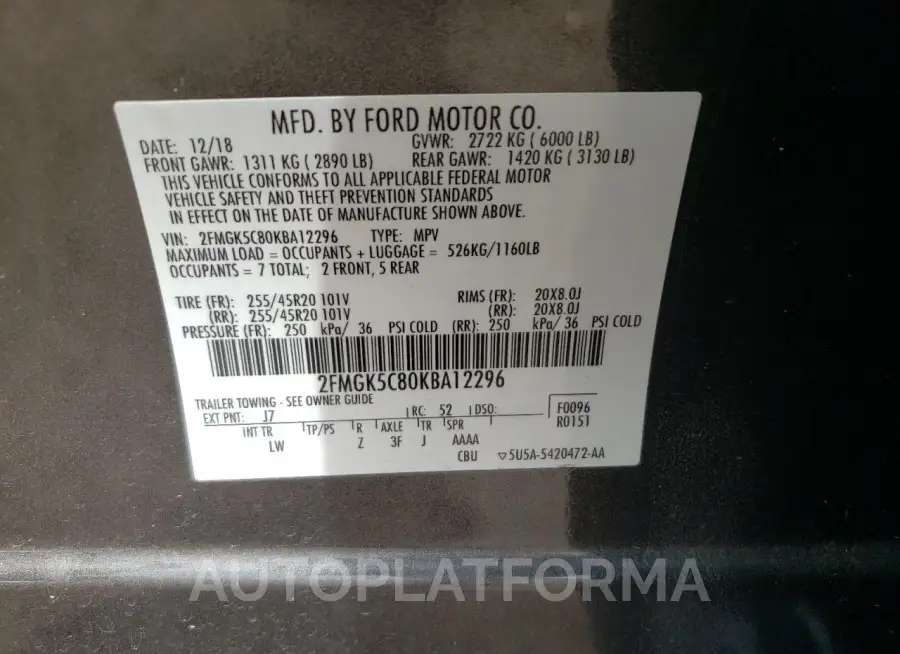 FORD FLEX SEL 2019 vin 2FMGK5C80KBA12296 from auto auction Copart