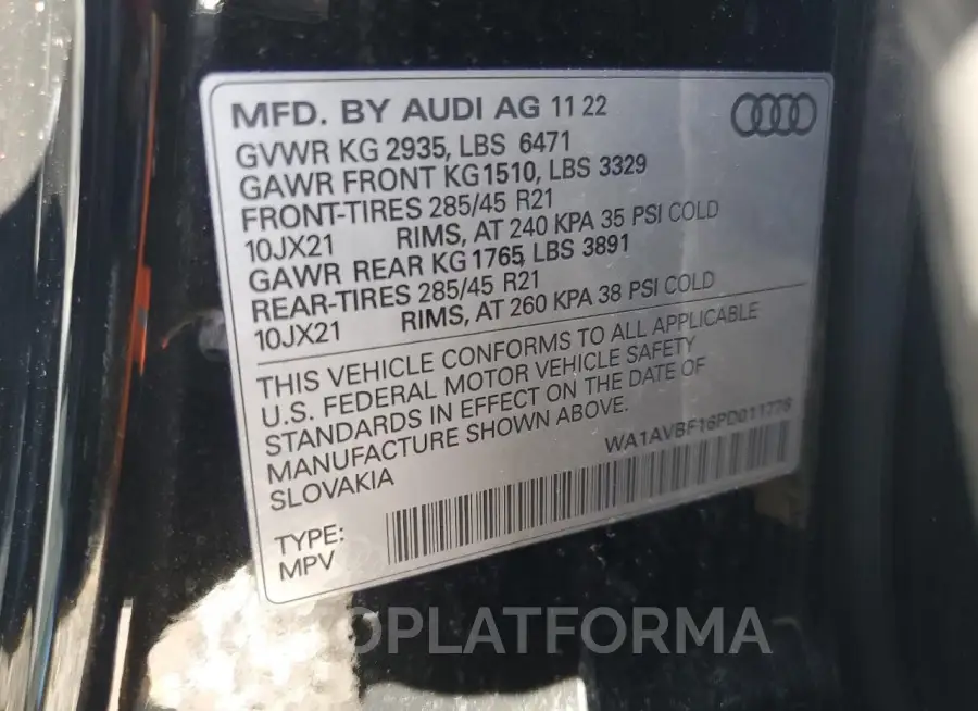 AUDI Q8 PREMIUM 2023 vin WA1AVBF16PD011776 from auto auction Copart