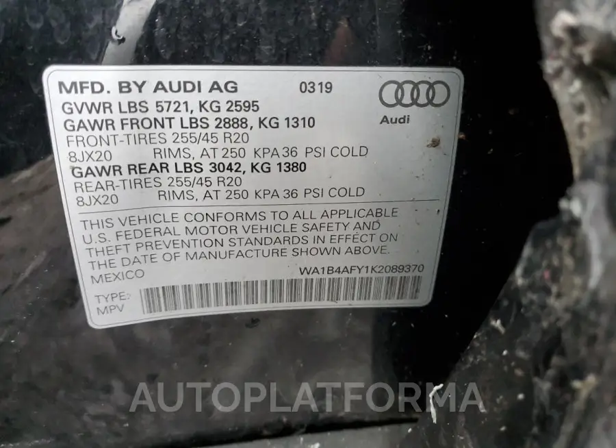 AUDI SQ5 PREMIU 2019 vin WA1B4AFY1K2089370 from auto auction Copart