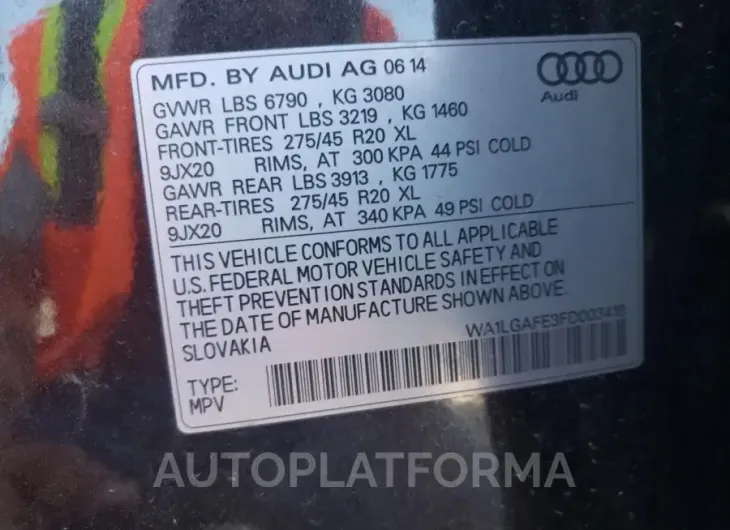 AUDI Q7 PREMIUM 2015 vin WA1LGAFE3FD003410 from auto auction Copart