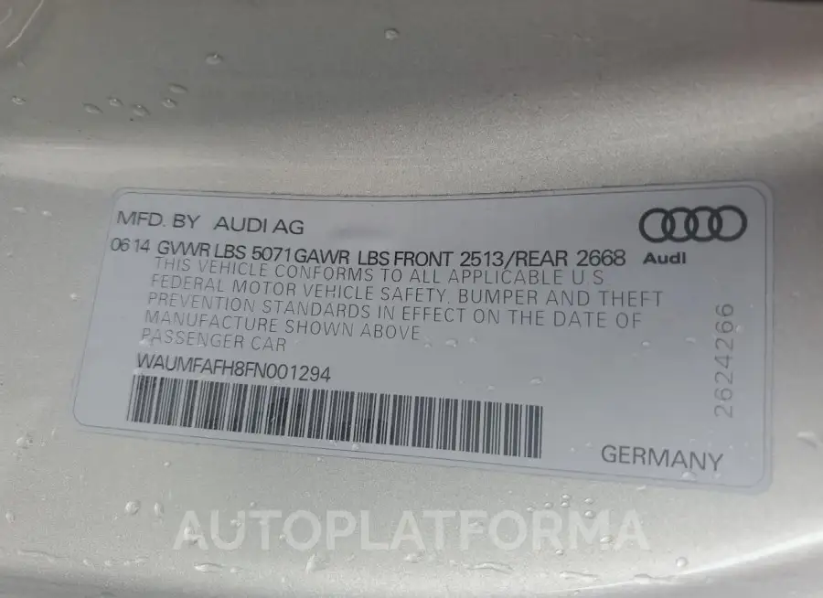 AUDI A5 PREMIUM 2015 vin WAUMFAFH8FN001294 from auto auction Copart