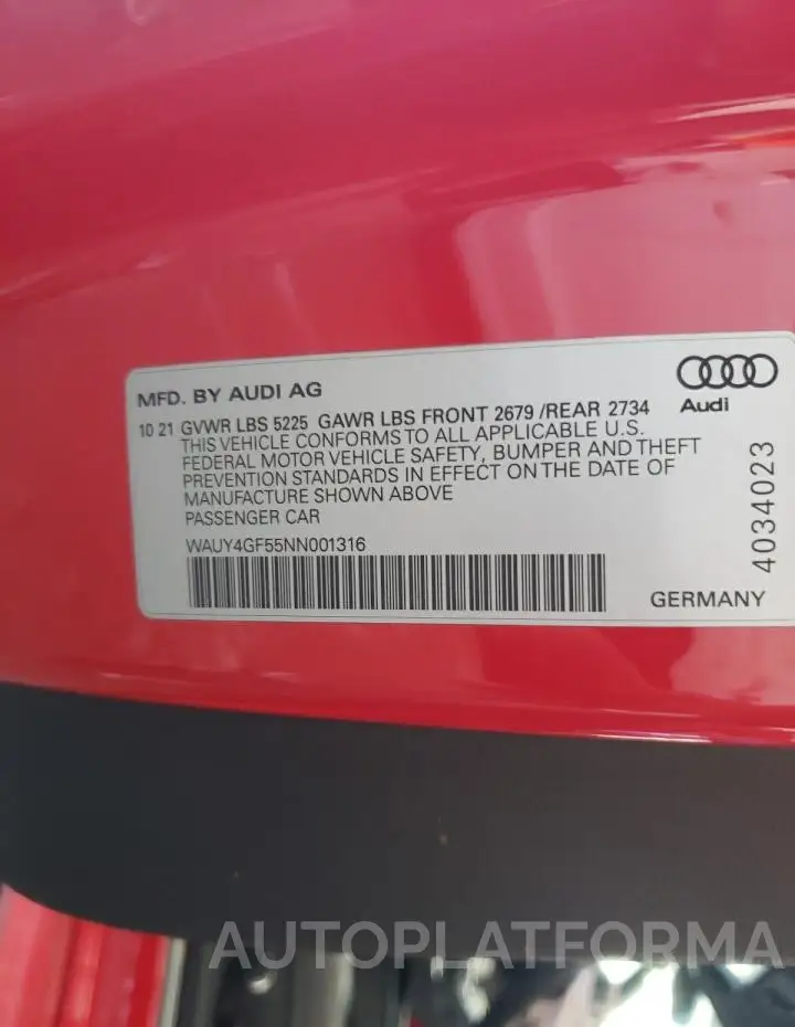 AUDI S5 PRESTIG 2022 vin WAUY4GF55NN001316 from auto auction Copart