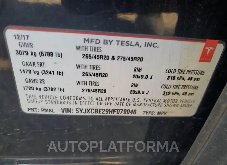 TESLA MODEL X 2017 vin 5YJXCBE29HF079046 from auto auction Copart