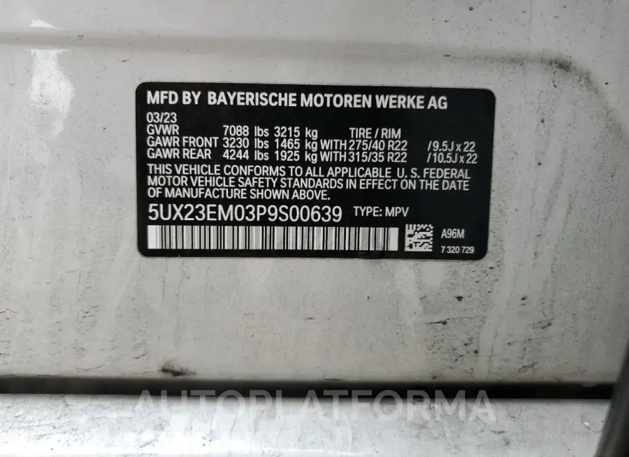 BMW X7 XDRIVE4 2023 vin 5UX23EM03P9S00639 from auto auction Copart