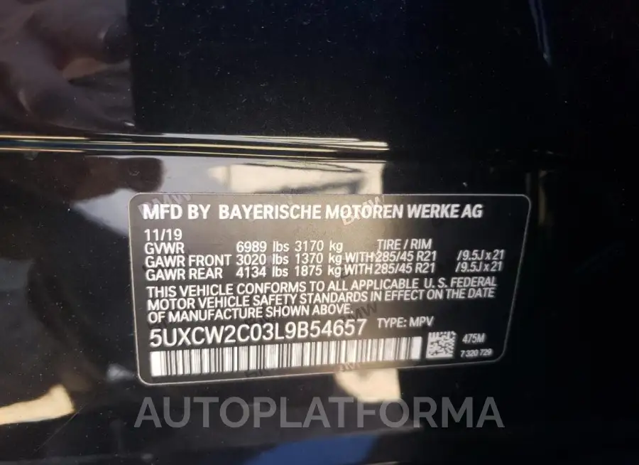 BMW X7 XDRIVE4 2020 vin 5UXCW2C03L9B54657 from auto auction Copart