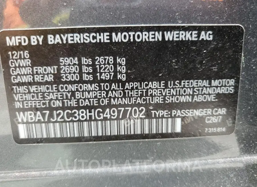 BMW 740 XE 2017 vin WBA7J2C38HG497702 from auto auction Copart