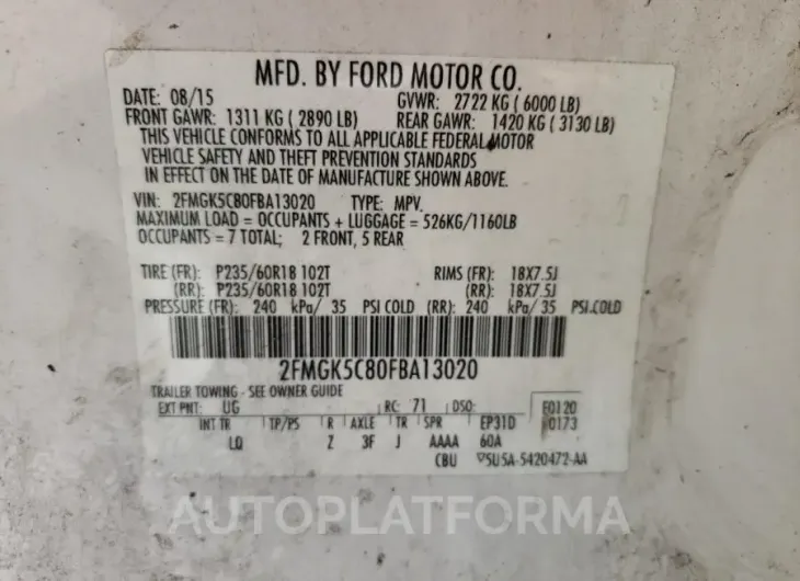 FORD FLEX SEL 2015 vin 2FMGK5C80FBA13020 from auto auction Copart