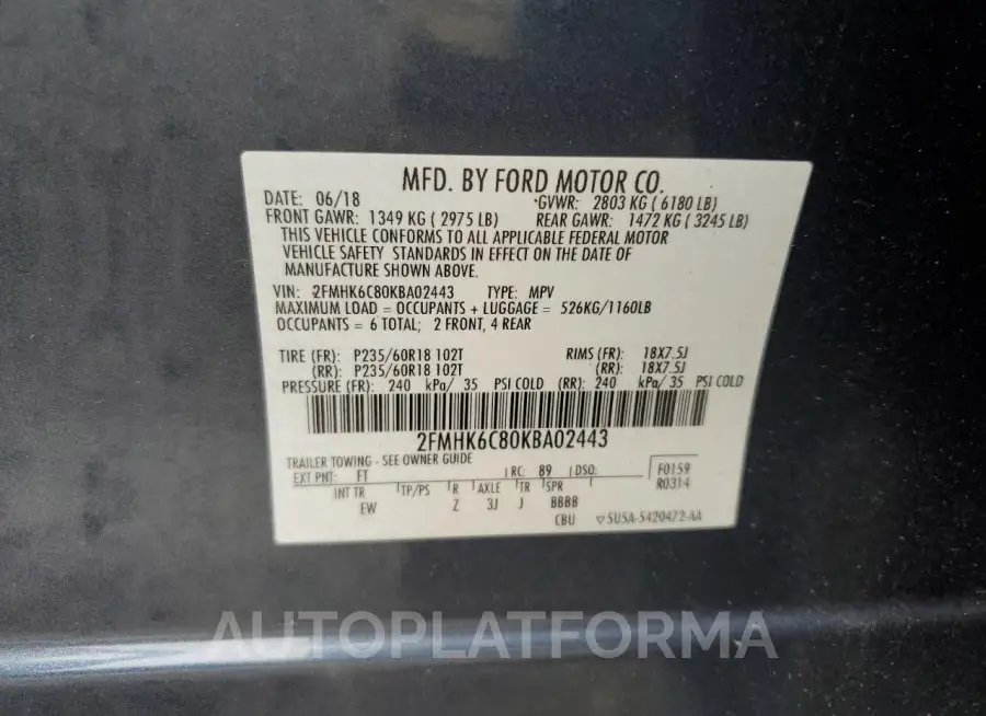 FORD FLEX SEL 2019 vin 2FMHK6C80KBA02443 from auto auction Copart