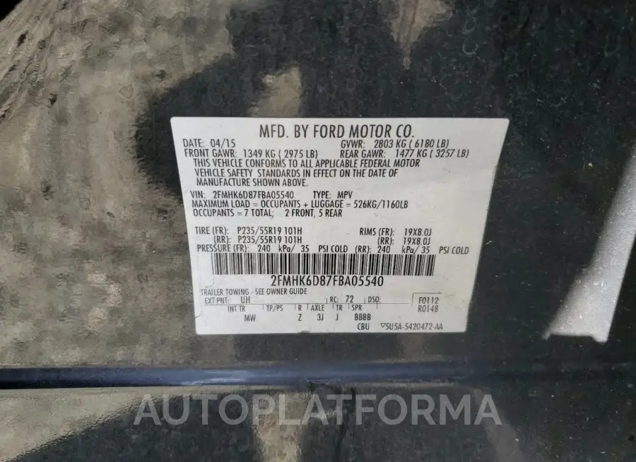 FORD FLEX LIMIT 2015 vin 2FMHK6D87FBA05540 from auto auction Copart