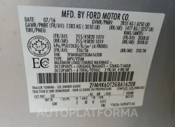 FORD FLEX LIMIT 2016 vin 2FMHK6DT2GBA16208 from auto auction Copart