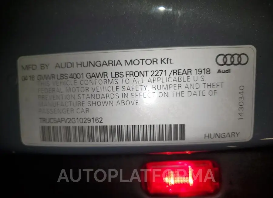 AUDI TT 2016 vin TRUC5AFV2G1029162 from auto auction Copart