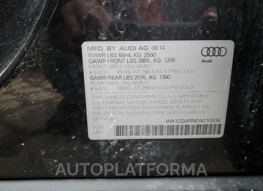 AUDI SQ5 PREMIU 2015 vin WA1CGAFPXFA010938 from auto auction Copart