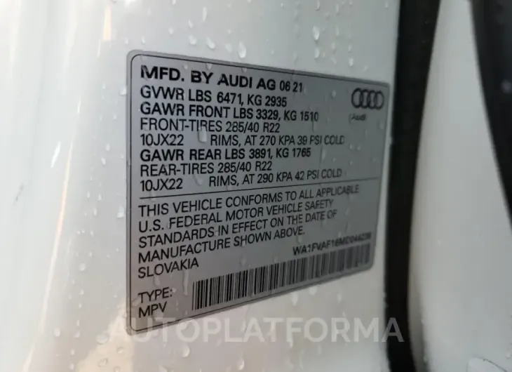 AUDI Q8 PRESTIG 2021 vin WA1FVAF16MD044238 from auto auction Copart