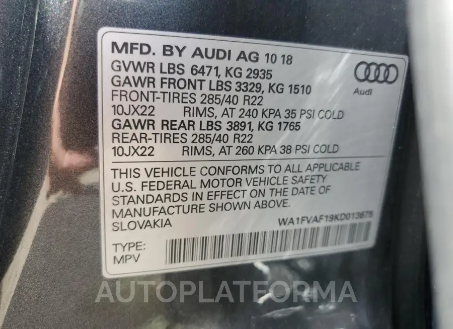 AUDI Q8 PRESTIG 2019 vin WA1FVAF19KD013675 from auto auction Copart