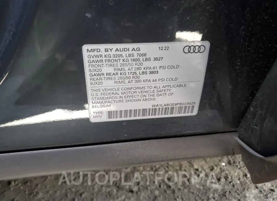 AUDI E-TRON PRE 2023 vin WA1LABGE8PB023428 from auto auction Copart