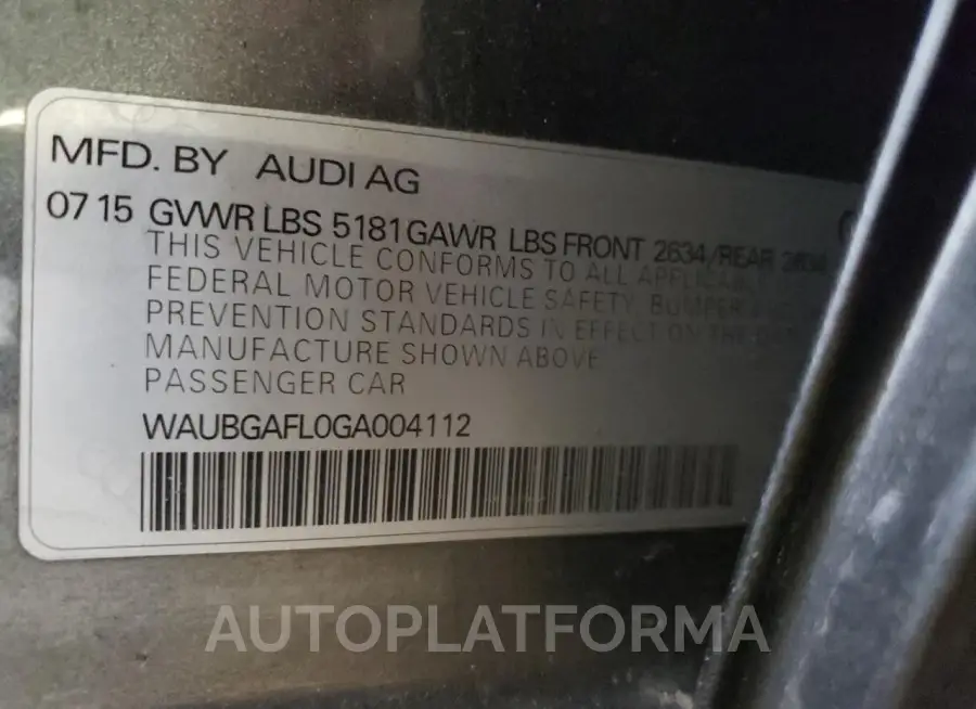 AUDI S4 PREMIUM 2016 vin WAUBGAFL0GA004112 from auto auction Copart