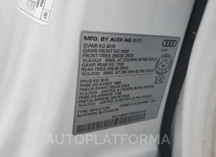 AUDI RS Q8 2021 vin WU1ARAF17MD041128 from auto auction Copart