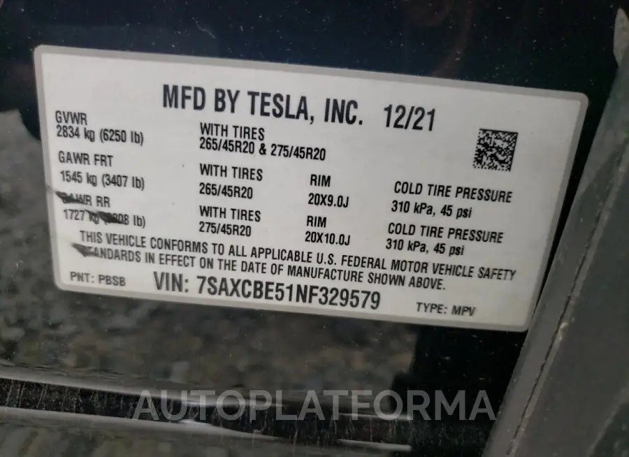 TESLA MODEL X 2022 vin 7SAXCBE51NF329579 from auto auction Copart