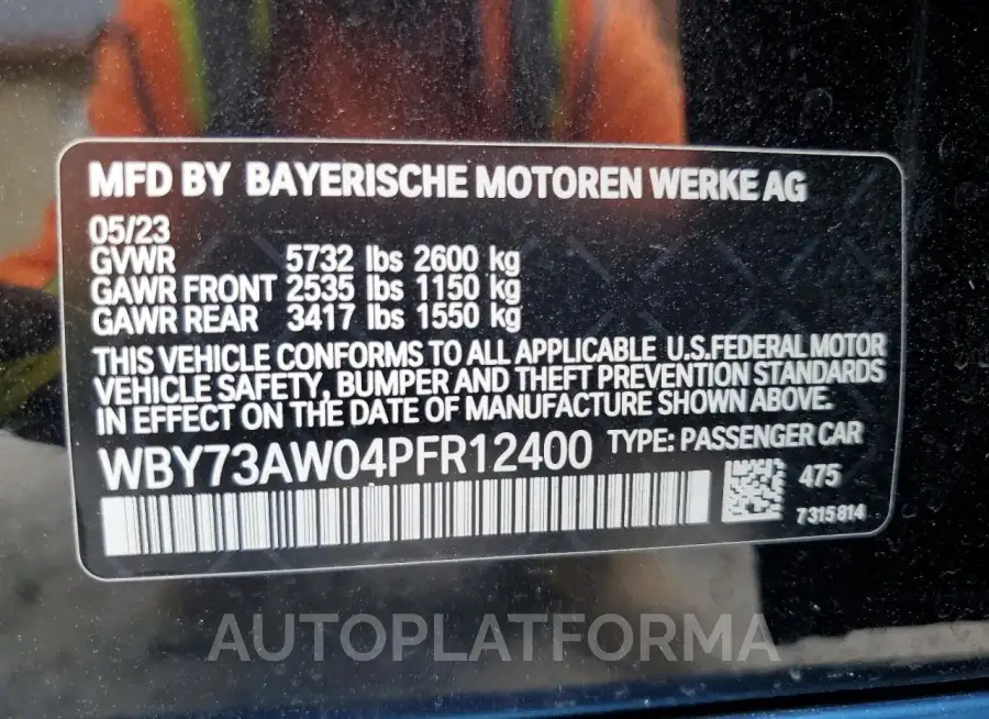 BMW I4 EDRIVE 2023 vin WBY73AW04PFR12400 from auto auction Copart