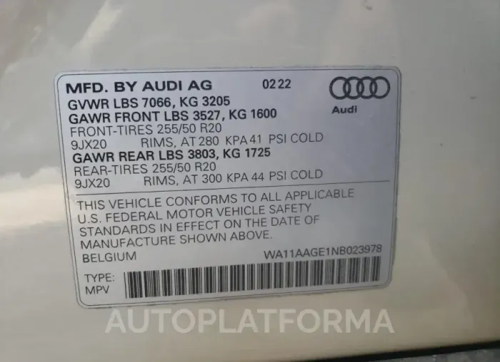 AUDI E-TRON SPO 2022 vin WA11AAGE1NB023978 from auto auction Copart