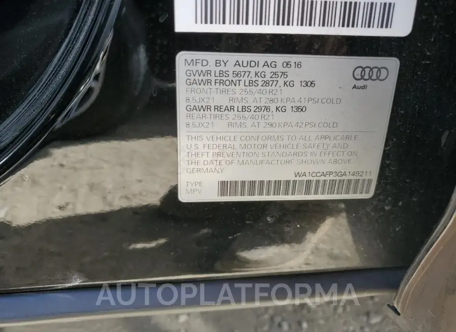 AUDI SQ5 PREMIU 2016 vin WA1CCAFP3GA149211 from auto auction Copart