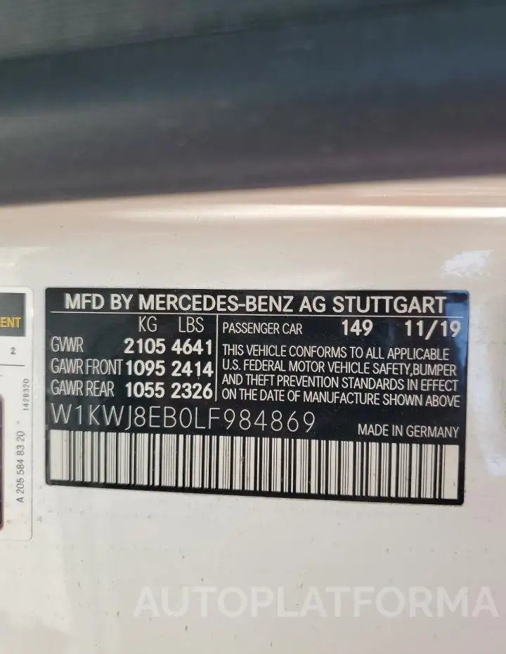 MERCEDES-BENZ C 300 4MAT 2020 vin W1KWJ8EB0LF984869 from auto auction Copart